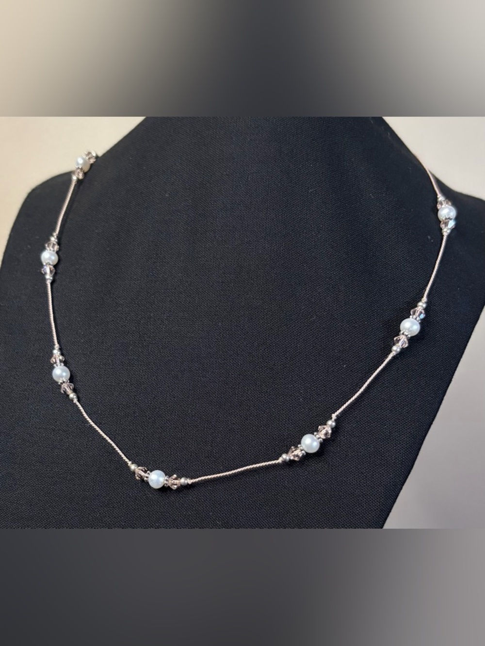 Freshwater pearl, crystal and sterling silver pink cord necklace.
